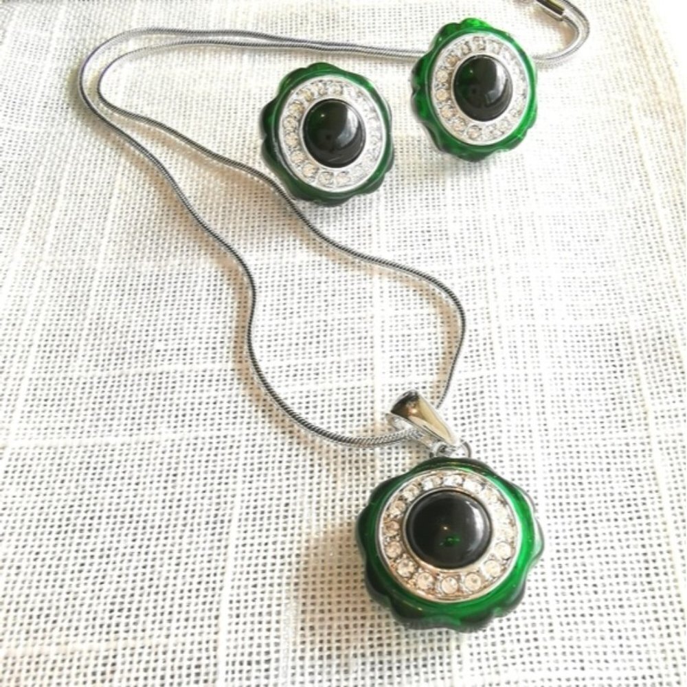 Vintage 80's blue green crystal enamel necklace earring set